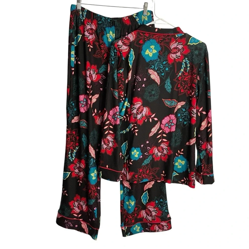 IMAN Vibrant Floral Pajama Set - Black, Red, Teal - Picture 3 of 4